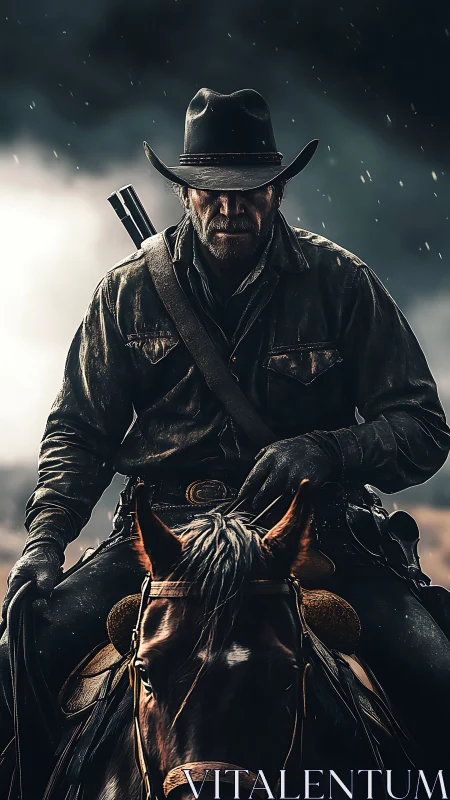 Weathered cowboy rides forward through storm rainlight.