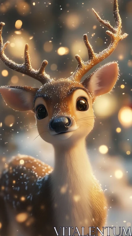 High-detail stylized reindeer portrait in winter bokeh field.