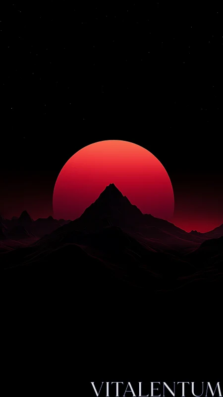 Minimalist red eclipse behind silhouetted mountain ridge