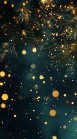 Golden holiday lights drift gently beneath winter pine boughs