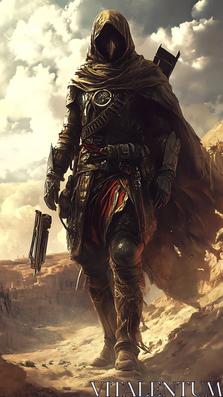 Hooded desert warrior strides through arid canyon landscape.