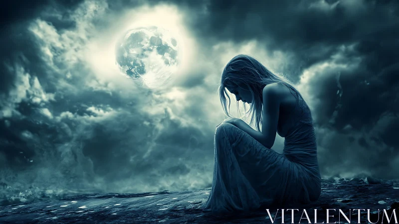 Nocturnal silhouette study under luminous storm moon.