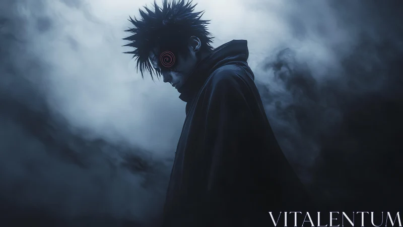 Dark cloaked figure with glowing spiral eye in mist.