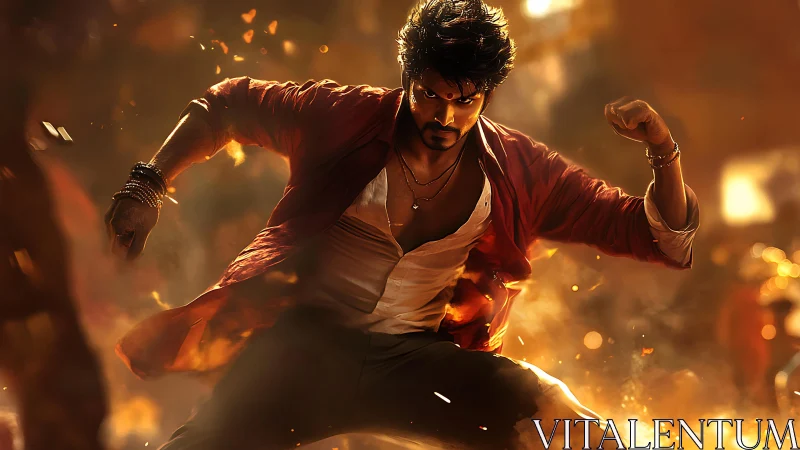 Dynamic fighter bursts through flames in dramatic motion shot.