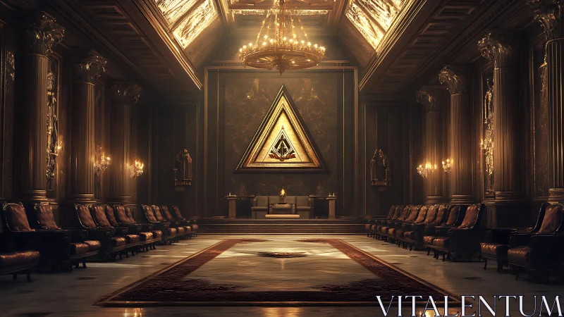 Grand golden hall with triangular emblem and chandeliers.