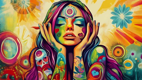 Meditative woman dissolves into vibrant psychedelic color storm