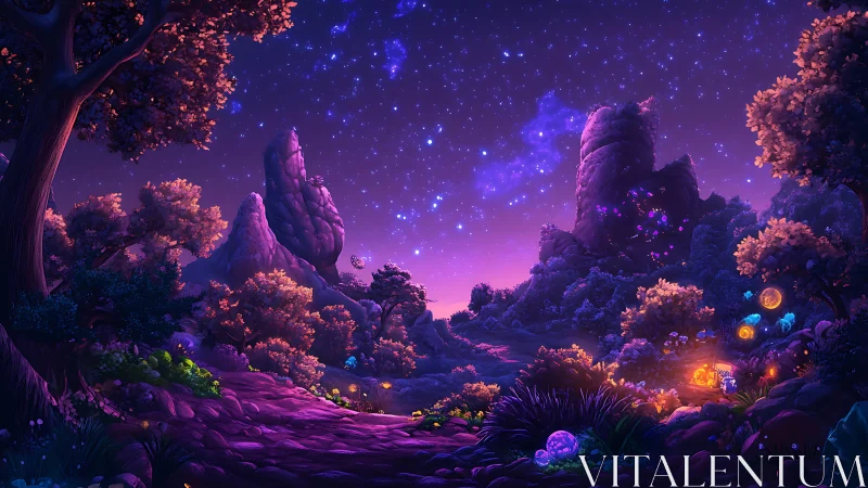 Bioluminescent alien forest valley under dense violet starfield