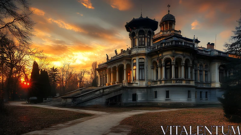 Sunset illuminates ornate historic mansion in autumn glow.
