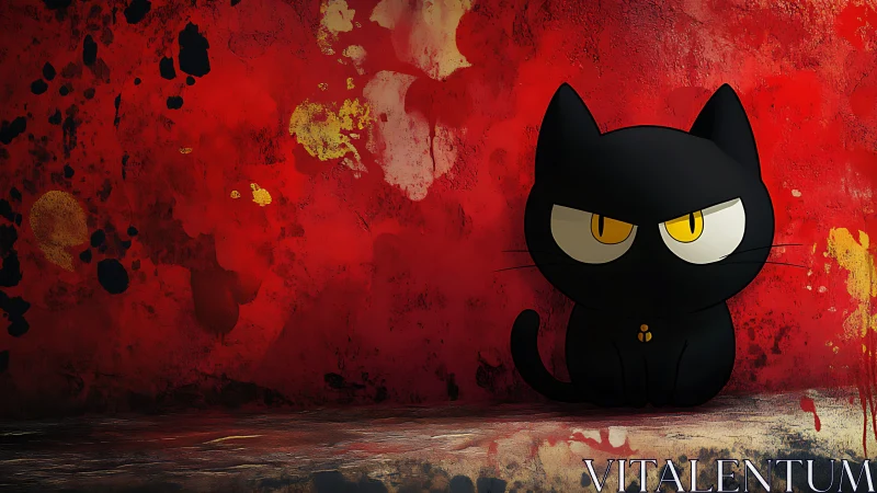 Menacing Black Cat with Glowing Eyes Against Grunge Red Wall
