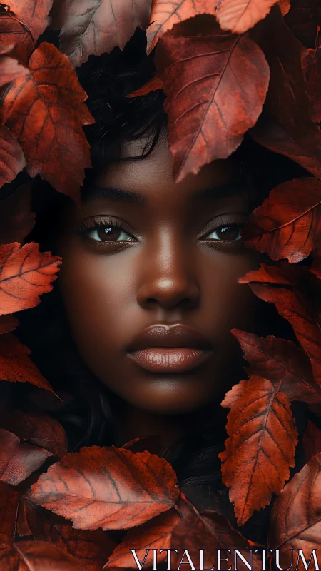 Quiet autumn portrait nestles a serene face in rust leaves