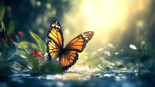 Digital painting of monarch butterfly in luminous forest glade.