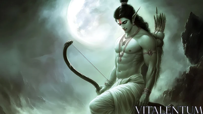 Mythic archer warrior under full moon on rocky cliff.