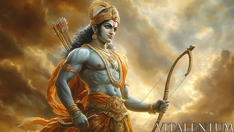 Blue-skinned archer stands against dense, illuminated clouds