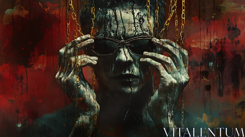 Dark figure adjusts shades amid dripping gilded chains.