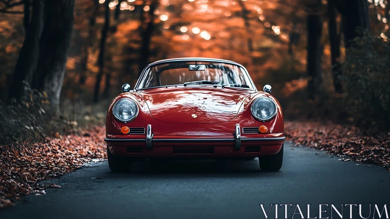 Front-on red vintage sports coupé on forest road in autumn
