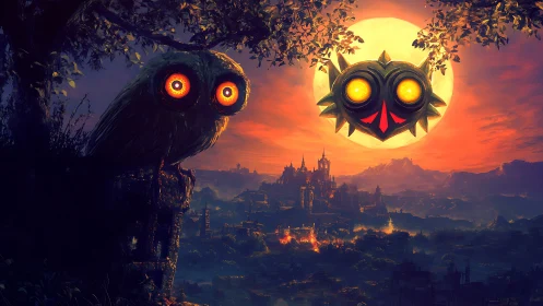Glowing owl studies ominous moon mask above burning valley