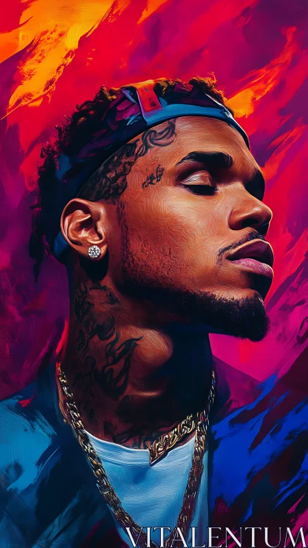 Vibrant urban portrait in neon swirling brush strokes.