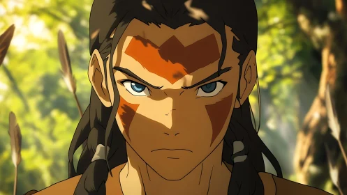 Focused warrior with war paint in forest setting.