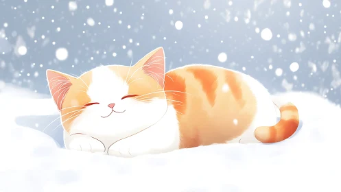 Warm-Toned Orange and White Cat Resting in Snowy Landscape.