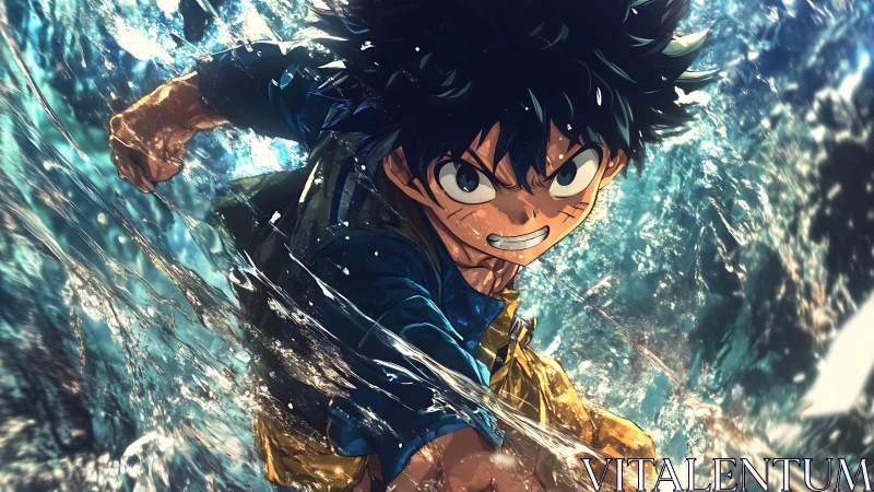 Determined anime hero punches through crashing water torrent