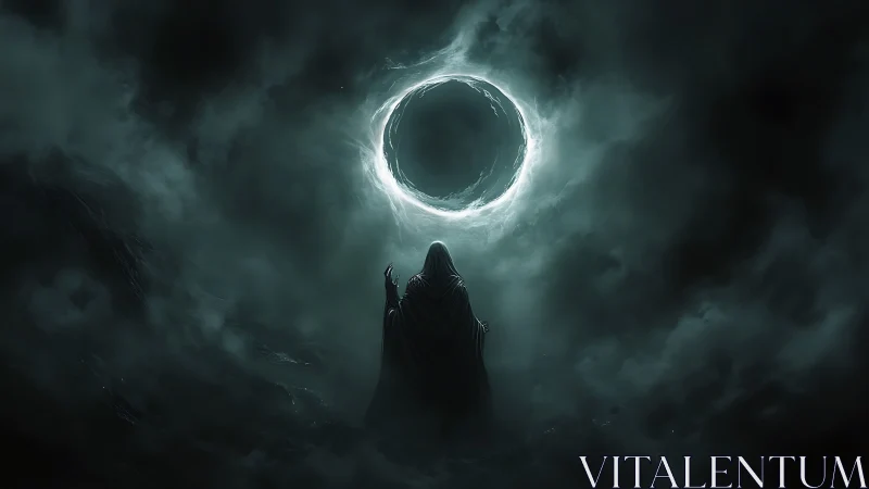 Hooded figure stands beneath circular luminous void in sky
