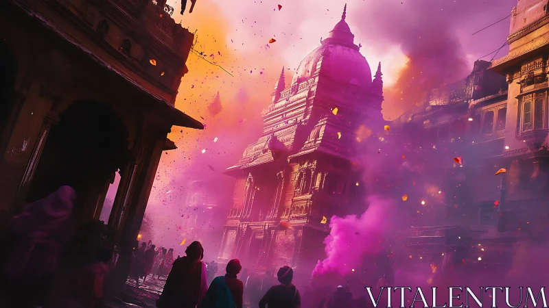 Temple domes inhale pink smoke while festival light blooms