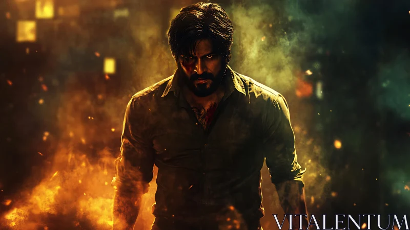 Incandescent antihero framed by volumetric fire and smoke.