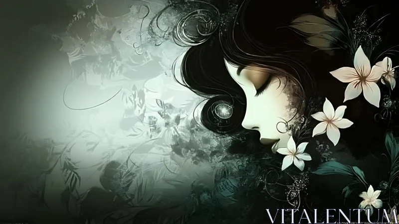 Silent profile of floral woman merges with dark abstract background