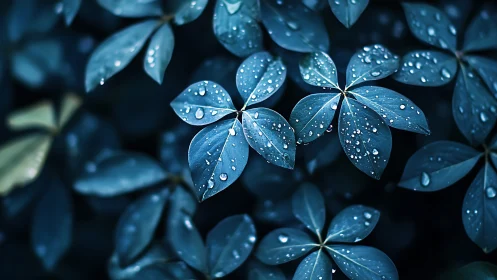 Blue-toned foliage with rain droplets in close focus.