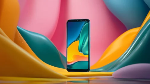 Modern smartphone displayed in vibrant abstract background scene.