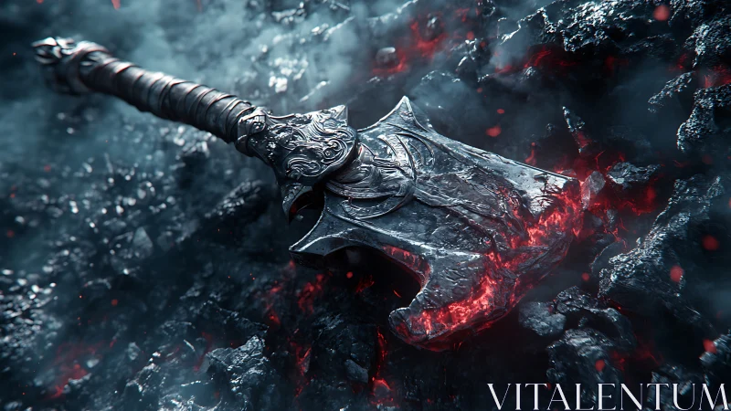 Runed warhammer on molten rock with glowing ember fissures.