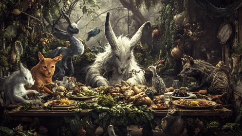 Enchanted woodland creatures share a lavish feast together.
