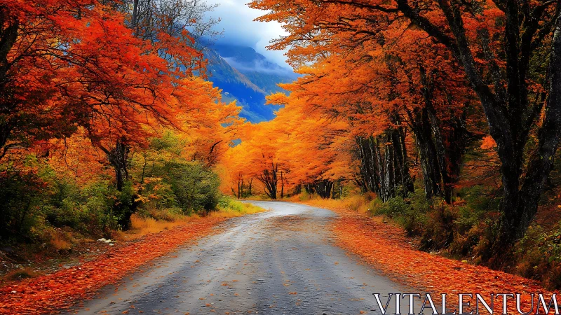Curving forest road framed by vivid orange autumn foliage.