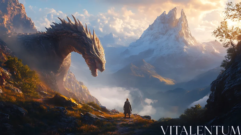 Colossal dragon confronting lone traveler in sunrise valley.