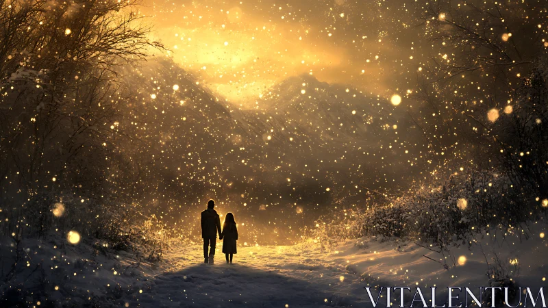 Silhouetted pair walk through golden winter snowfall glow.