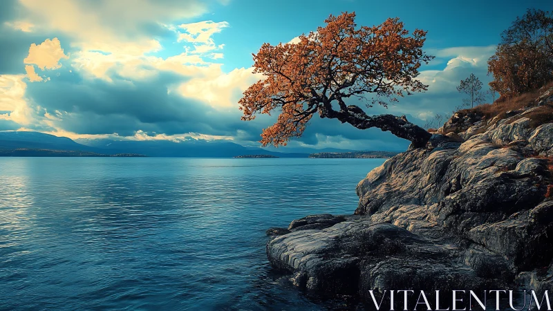 Solitary coastal tree leans over tranquil turquoise waters