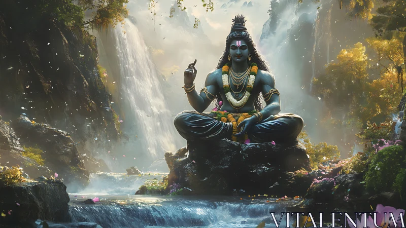 Shiva statue sits in lotus pose before tall misty waterfalls