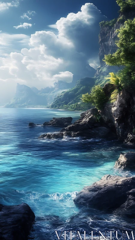 Tropical Coastal Sanctuary: Vertical Cliff Seascape with Luminous Sky.