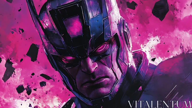 Chromatic armored sentinel amid magenta particulate detonation.