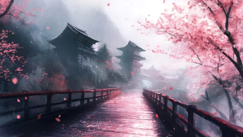 Mist-kissed bridge to crimson temple dreams at dawn.