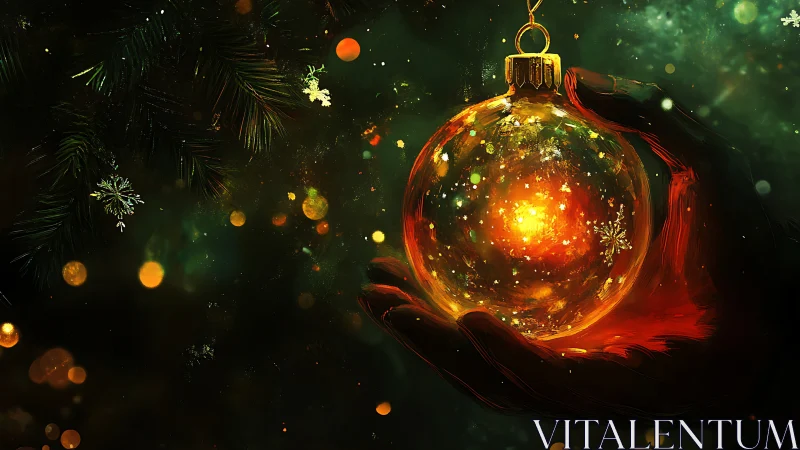 Hand holding glowing Christmas ornament in dark scene.