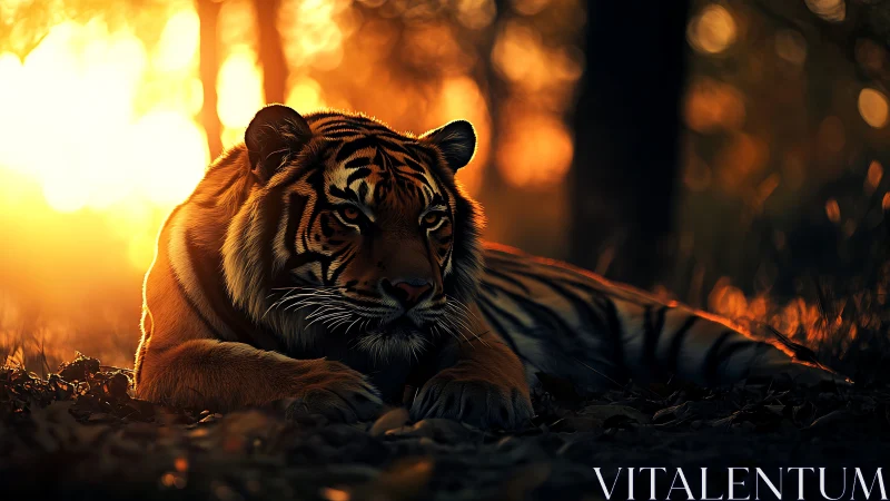Photorealistic tiger portrait in golden hour rim lighting.