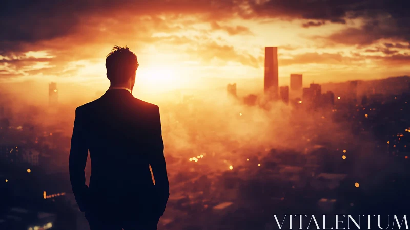 Solitary professional figure silhouetted against urban sunset with atmospheric light diffusion.