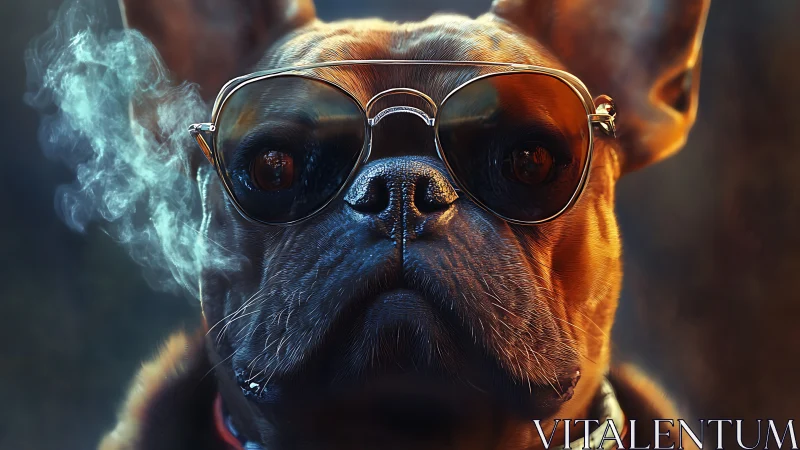 Hyperreal bulldog portrait with reflective aviators and smoke