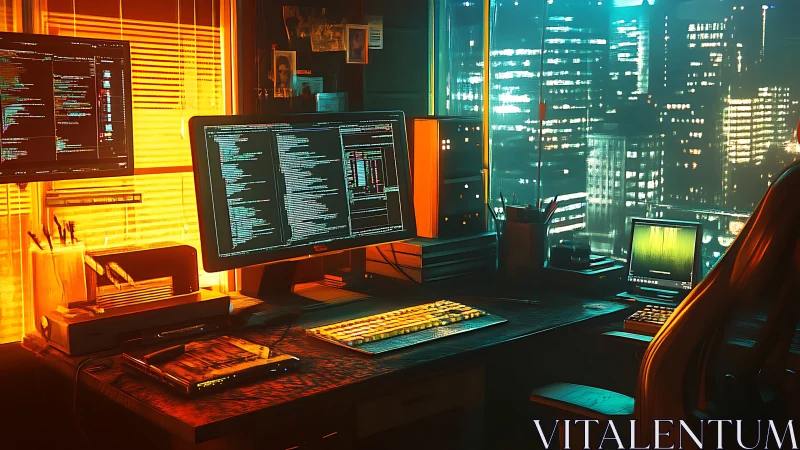 Coding workstation shows neon cityscape through large window