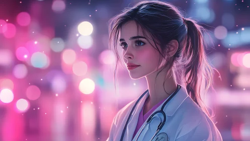 Neon bokeh portrait depicts young female doctor in soft focus