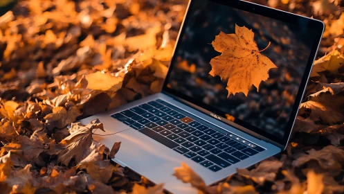 Laptop among autumn leaves with glowing maple screen focus.