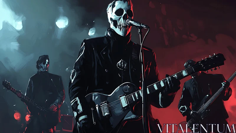 Masked rock guitarist on stage under teal and red concert lights.