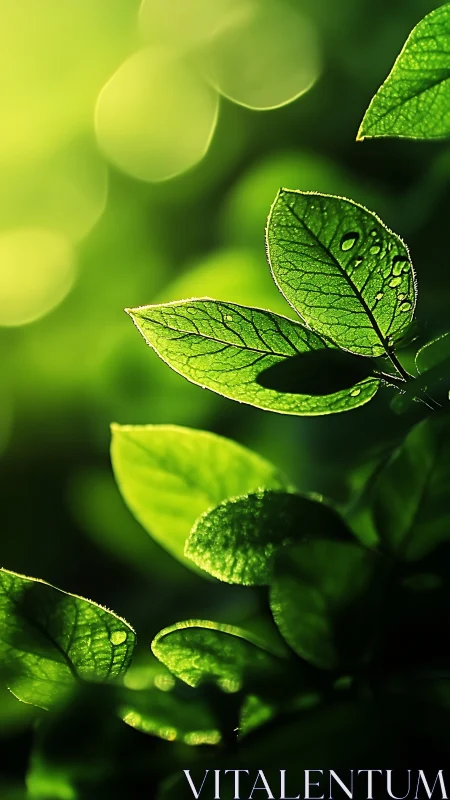 Close-up green leaves with water droplets in sunlight.