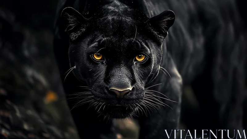 Black panther with golden eyes stares directly forward